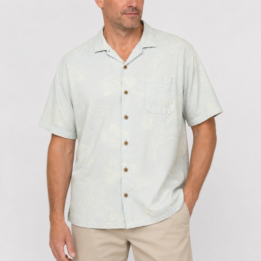 Tommy Bahama Camp Shirt Blue Tonal Floral Jacquard Short Sleeve Estimated M